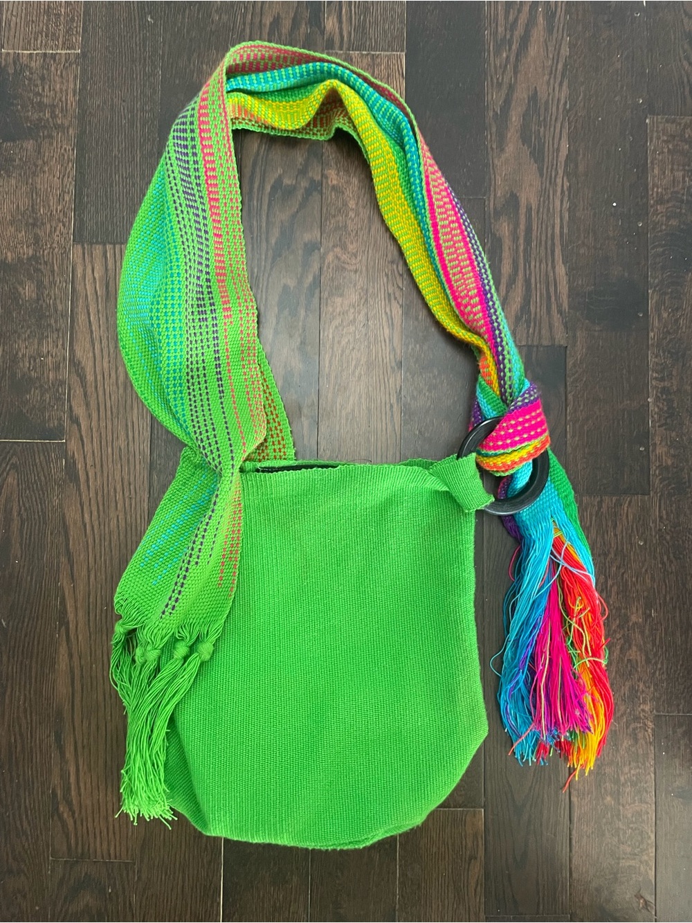 Bright Green Woven Crossbody Bag with Multicolor Strap